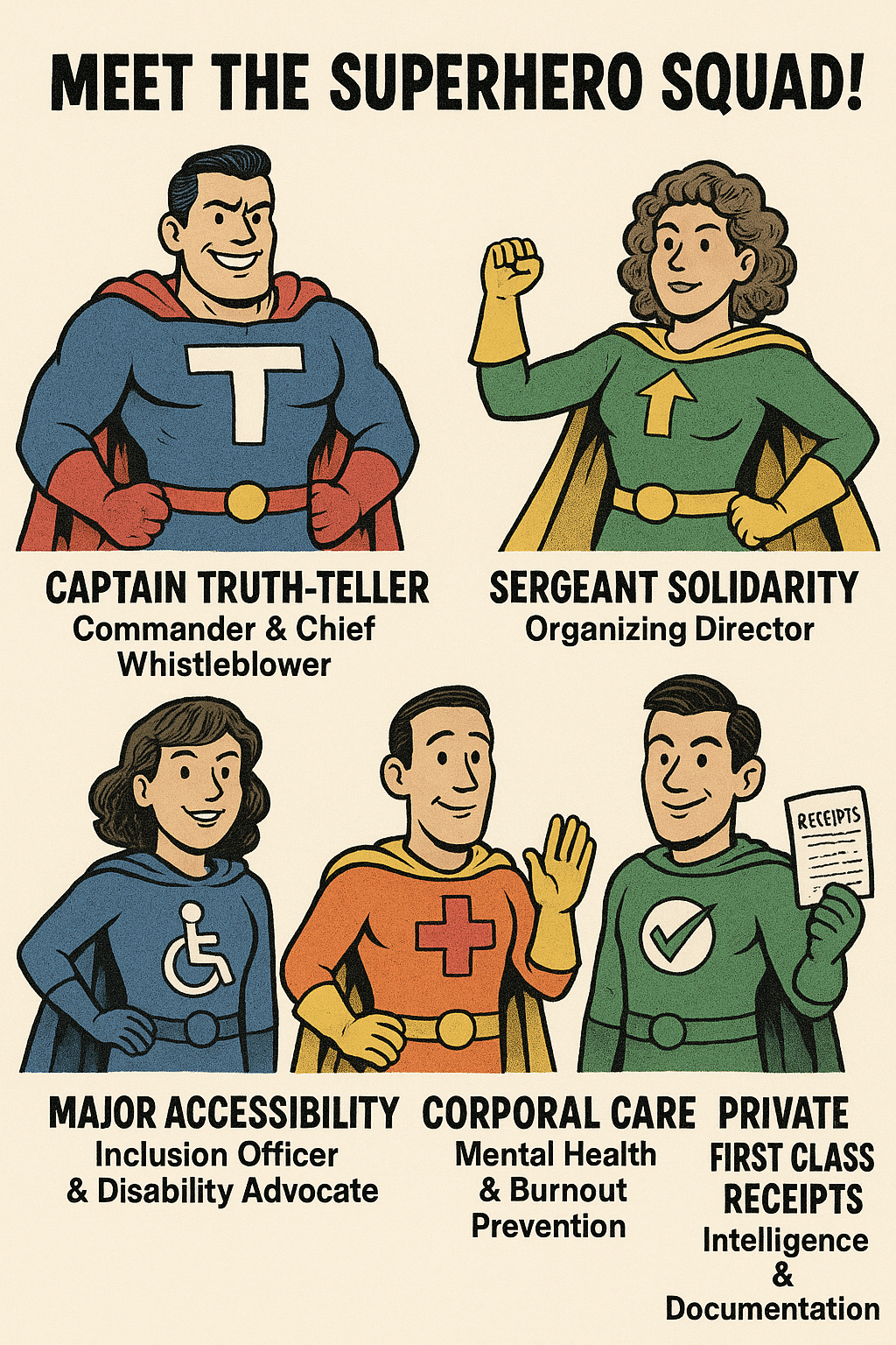 Superhero Squad - Captain Truth-Teller, Sergeant Solidarity, Major Accessibility, Corporal Care, Private First Class Receipts